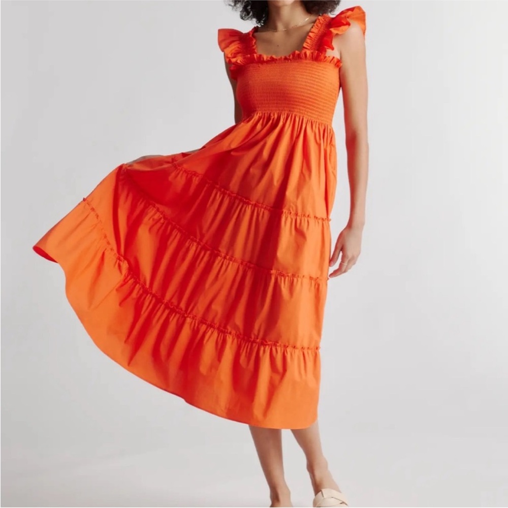 NWT Quince Organic Cotton Maternity Smocked Midi Dress In Vermillion Red Size XL